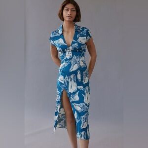 Urban Outfitters Blue Seashell Print Collared Midi Dress Size M NWT